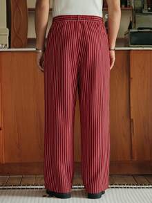 SWAVVY Business Commuting Men's Bright Red Striped Woven Fabric Long Wide Leg Pants Featuring Zipper Closure Pleated Pants - Bright Red - View 3