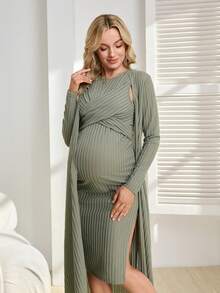 SHEIN 2pcs Maternity Casual Ribbed Camisole & Cardigan Set - Green - View 7