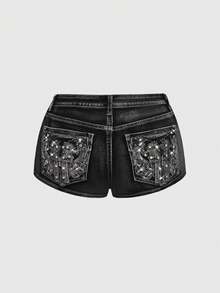 ROMWE Avant Quần short denim cỡ lớn gợi cảm, thêu hình súng lục phong cách Y2K Punk. - màu đen - Xem 1