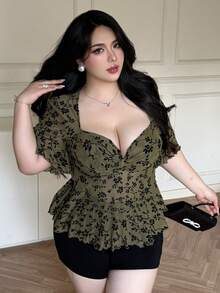 Vibekara Plus Size Women Sweetheart Neck Ruffle Sleeve Ruched Ditsy Floral Flocked Mesh Elegant Vacation Retro Casual Blouse, Spring/Summer - Green - View 3