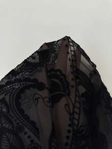 Lavishia Flocked Print Fitted Flare Sleeve Semi-Sheer Blouse - Black - View 6