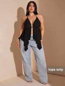 SHEIN BAE Áo cánh cổ yếm bằng vải voan màu vàng nhạt cỡ lớn dành cho nữ, thích hợp cho kỳ nghỉ biển vào mùa xuân/hè - màu đen - Xem 6