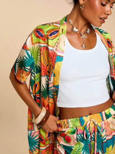 Travachic Conjunto de 2 piezas de camisa y pantalones cortos con estampado tropical casual de vacaciones para mujer