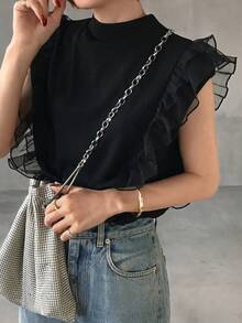 FRIFUL Women's Turtleneck Ribbed Tank Top With Mesh Ruffle Trim Sleeveless Patchwork T-Shirt - Black - View 6