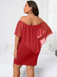 Reflora Plus Size Solid Color Off Shoulder Ruffle Hem Fitted Dress - Red - View 2