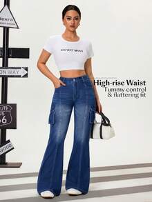 Flexra Women's Casual Washed High Waist Flare Leg Cargo Jeans - Medium Wash - View 6