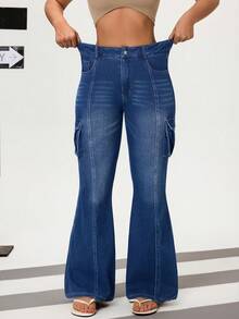 Flexra Women's Casual Washed High Waist Flare Leg Cargo Jeans - Medium Wash - View 7