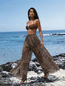 Nevyona Women's Leopard Print Sheer Loose Wide Leg Pants, Beach & Resort Style - Multicolor - View 3