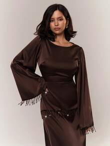 Aloruh 浪漫V领长袖流苏装饰收腰连衣裙（女款） - 深棕色 - 查看 2