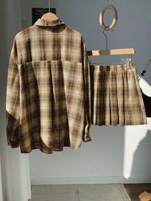 Comfortcana Women's Khaki Plaid Casual Long Sleeve Shirt And Mini Skirt 2 Pieces Set Brown Set Women Plaid Two Piece Set Shirt And Skirt Set Plaid Set Vintage Clothes Aesthetic Clothes - Khaki - View 2