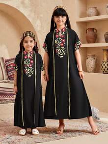 Tween Girls Fashion Embroidered Ribbon Dress - Black - View 5