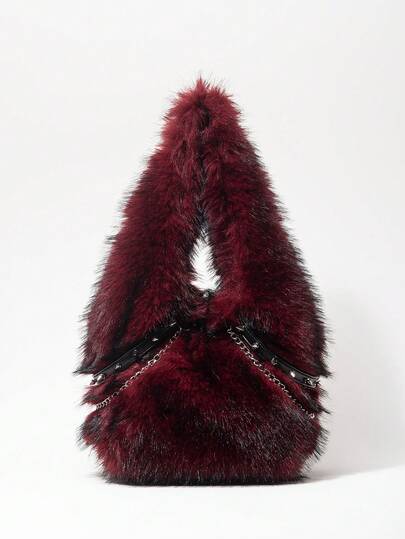 Grunge Punk Damen Umhängetaschen, Plüsch, Plüschtasche, Punk Nieten Bikertasche, Hobo Tasche, Burgunderrote Tasche, Weihnachtstasche, Geschenke für Frauen, Valentinstag, Metallkette, modisch, personalisiert, vielseitig, Einkaufen, Straße, süße und coole Mädchen, heiße Mädchen, Y2K, Alltag, Herbst und Winter (zufälliges Muster)