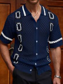 Manfinity RSRT 男士夏季度假休闲镂空针织上衣 男士钩针衬衫 男士蕾丝衬衫 波西米亚风男士衬衫 开襟针织衬衫 男士复古衬衫 - 寶藍色 - 查看 5