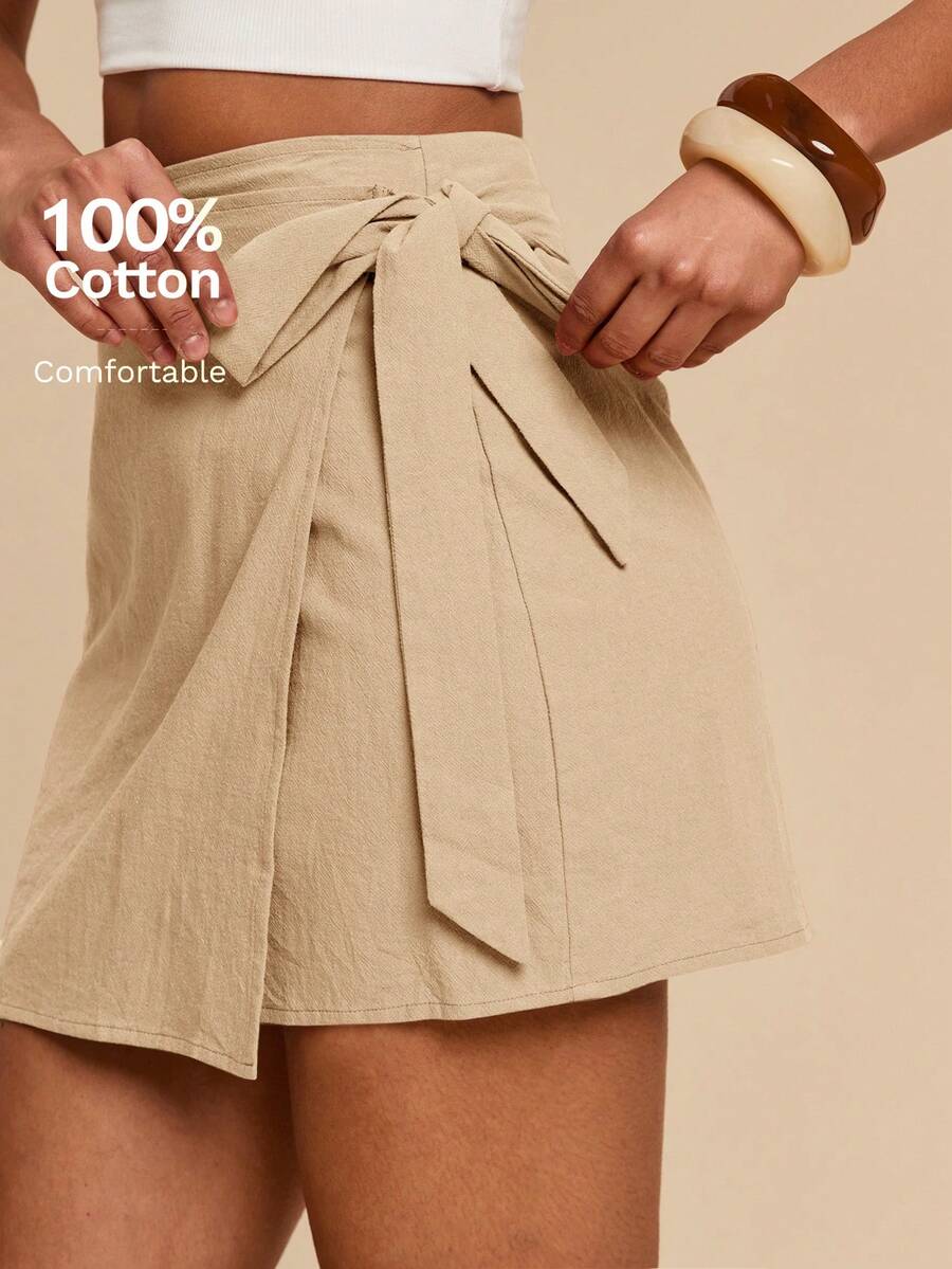 Travachic Chân váy nữ màu trơn dệt kim dáng rộng, có dây rút, thích hợp cho kỳ nghỉ, du lịch biển, mùa hè. - Màu Khaki - Xem 1