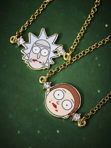 Rick and Morty X SHEIN 锌合金卡通图案吊坠项链手链套装，简约优雅，适合派对、音乐会、节日等场合。 - 金色 - 查看 4