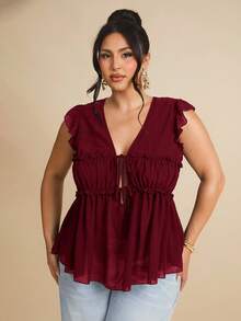 SHEIN BAE 1 buah Atasan Kasual Tanpa Lengan Linen Ukuran Besar untuk Wanita dengan Hiasan Kancing, Cocok untuk Brunch, Jalan-jalan, Kencan, Perjalanan, dan Berlayar - Burgundy - View 6