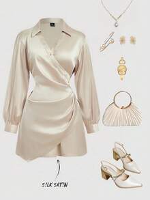 SHEIN MOD Đầm sơ mi dáng rộng thanh lịch, kiểu quấn, thích hợp mặc đi làm, thiết kế bất đối xứng, mùa xuân/hè. - Màu be - Xem 1