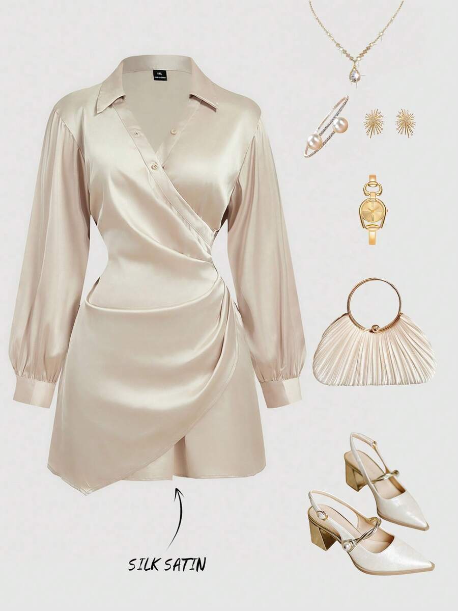 SHEIN MOD Đầm sơ mi dáng rộng thanh lịch, kiểu quấn, thích hợp mặc đi làm, thiết kế bất đối xứng, mùa xuân/hè. - Màu be - Xem 1