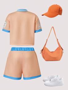 SHEIN Casuvi Kids Conjunto de primavera/verano de moda para niñas Casuvi, camiseta de manga corta con cuello en V de punto y estampado de letras y números, con puños contrastantes, shorts casuales con cintura elástica y estampado de números con bajo contrastante, cómodo para deportes y uso diario, adecuado para vacaciones de verano, actividades al aire ocasiones casuales - Rosa - Ver 2