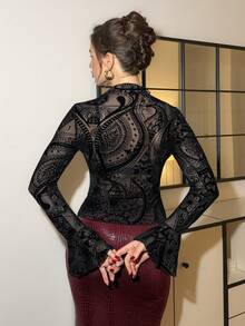 Lavishia Flocked Print Fitted Flare Sleeve Semi-Sheer Blouse - Black - View 2