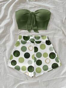 Soleia 休闲复古优雅度假波西米亚风百搭绿色波点印花图案，舒适保暖扭结抹胸上衣和短裤两件套，适合春夏穿着 - 彩色 - 查看 6