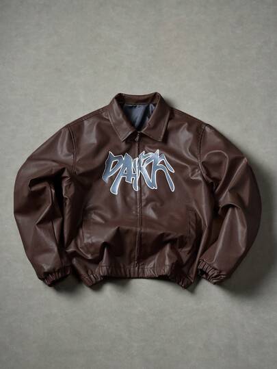 Manfinity EMRG Men's Casual Street Style Letter Print Leather Jacket Jacket Y2k Men Jacket Letter Jacket Brown Jacket Jacket Graphic