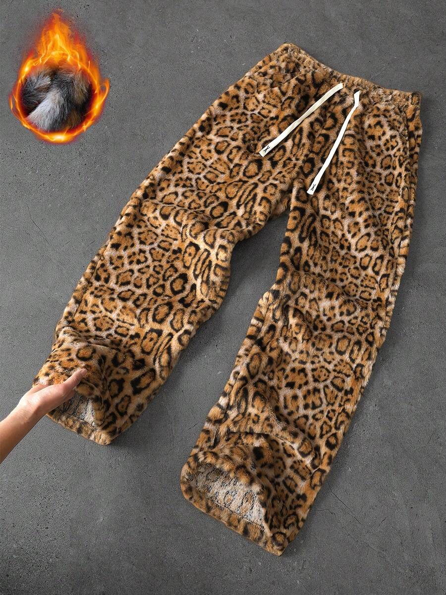 PAVTROS Quần dài nam dáng rộng kẻ sọc và họa tiết da báo thời trang, quần nỉ cạp chun, quần jogger hai mặt lót lông cừu, thiết kế họa tiết da báo tự nhiên, "Hòa mình vào thiên nhiên, thể hiện cá tính", phong cách thường ngày, dự tiệc, hoạt động ngoài trời, quà tặng ngày lễ, quà tặng bạn trai, unisex. - Nhiều màu - Xem 1