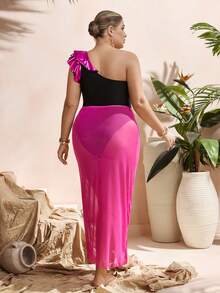 Swim Oasis Plus Size Colorblock Elegant Summer Vacation One Piece Swimsuit + Skirt Cover-Up, Purple Elegant Contrast Black One-Shoulder Ruffle Trim One-Piece + Skirt Cover-Up Plus Size One-Piece Swimsuit - Multicolor - View 2