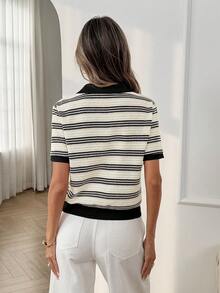 Easowa 女士休闲宽松优雅通勤 Polo 领纽扣半开襟撞色拼接 T 恤，纹理条纹面料，春夏款 - 彩色 - 查看 6
