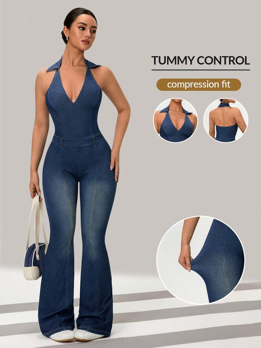 Flexra Women's Sexy Backless Halter Neck Washed Denim Jumpsuit, Summer