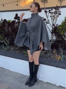 Andrea Bello 女士秋冬优雅高领蝙蝠袖收腰羊毛混纺大衣 - 灰色 - 查看 5