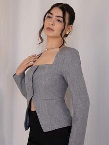 Andrea Bello Unique Neckline Design Single-Breasted Suit Jacket For Women In Autumn And Winter, Suitable For Commuting, Autumn, Casual Commuting Suit Jacket, Versatile Item, Gray Suit Jacket.,Fall - Grey - View 3