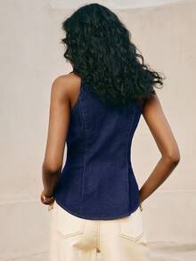 Poéselle 女士无袖修身牛仔衬衫，休闲日常穿着 - 深色水洗藍 - 查看 2