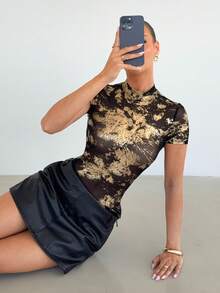 Siren Gaze Women's Summer Outfit For Women Fashionable Foil Print Fitted T-Shirt, Summer - Multicolor - View 6