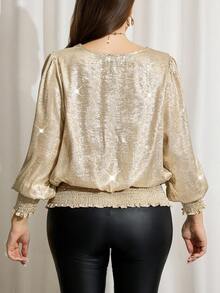 SHEIN LUNE 女士大码夏季休闲假日装，情人节灯笼袖上衣，新年假日装，AI-Adha 大码女式上衣，曲线上衣，约会之夜曲线上衣 - 金色 - 查看 2