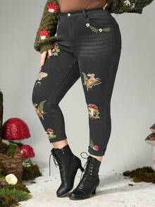 ROMWE Fairycore Quần jeans nữ cỡ lớn thêu hình nấm tối màu, dài đến 7/8, có gấu quần xắn lên. - Màu xám đen - Xem 3