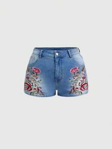 ROMWE Hippie Plus Size Women Floral Embroidery Pocket Casual Versatile Denim Shorts - Medium Wash - View 1