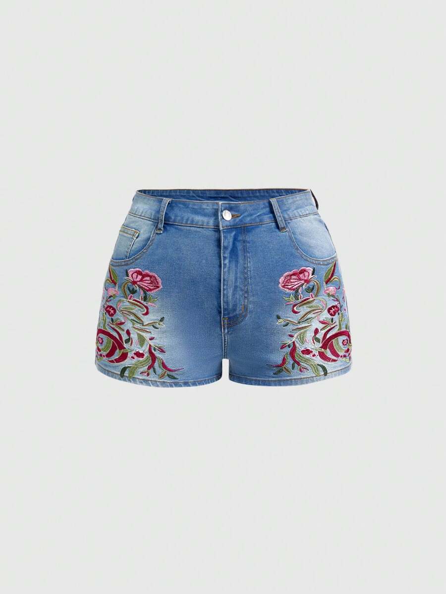 ROMWE Hippie Plus Size Women Floral Embroidery Pocket Casual Versatile Denim Shorts - Medium Wash - View 1