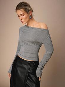 Maija 女士时尚通勤水钻不对称领衬衫 - 灰色 - 查看 5