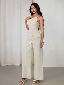 SHEIN PETITE Bộ đồ xuân/hè mới, trang phục nghỉ dưỡng thanh lịch, áo sơ mi vải lanh màu mơ dáng bất đối xứng, eo nhún, hở lưng và quần dài cạp cao, bộ 2 món, trang phục tốt nghiệp, trang phục giáo viên cho nữ, trang phục tựu trường - trắng - Xem 4