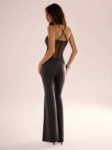 Avenya Off Shoulder Waist Cut-Out Semi-Sheer Flare Jumpsuit - Black - View 6