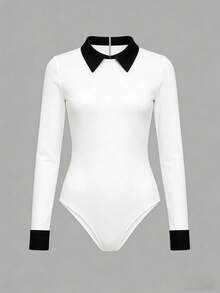 Franclia 2025新款衬衫领撞色细节长袖连体衣——经典黑白配色，修身贴合身形，展现迷人曲线，轻松百搭 - 白色 - 查看 4