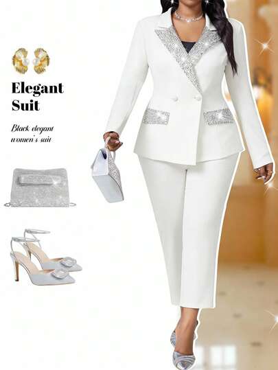 Fleurora Traje elegante de punto con solapa en contraste con lentejuelas para fiesta de cóctel, concierto/festival de música, oficina, en color negro y plateado, de manga larga y talla grande, para otoño e invierno, ropa de otoño, atuendos de otoño para mujer, ropa de invierno, ropa de invierno para mujer, ropa de invierno para mujeres, blazer elegante para mujer