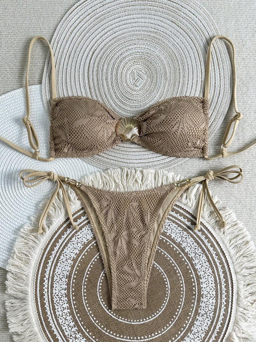 Swim Vcay Women's Solid Color Spaghetti Strap Bikini Set  Valentine's Day Carnival Party Casual Beach Vacation Outfits For Women Holiday Boho Bikini Set Boho Bathing Suit Tan Two Piece Set Boho Two Piece Set Two Piece Beach Set - Khaki - View 1
