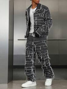 PAVTROS American Style Patch & Fringe Denim Outfit Men 2 Piece Set Patched - Grey - View 7