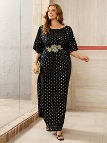 Roveilla Plus Size Women's New Wedding Guest Batwing Sleeve Middle Eastern Elegant Loose Dress, Romantic Long Dress With Embroidery Decor, Platinum Polka Dot Dress, Wedding Guest Gown Luxury Dress For Women Caftan Dress Maweii Plus Size Dress Curve Elegant Dress Plus Size Elegant Dress Luxury Caftan Dress For Women Plus Size Evening Gown - Black - View 6