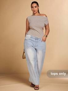 SHEIN BAE 大码春秋秋季钩针棕色条纹露肩不对称上衣 T 恤适合日常休闲、外出、与女友外出、下午茶、通勤休闲、海滩度假和百搭场合/条纹纽扣超大 T 恤秋季旧钱可爱乡村小屋核心回到学校休闲休闲女士奶油糖果/晚装上衣/秋冬服装//万圣节/圣诞节/优雅/正式/Y2k/派对/生日/外出/大码上衣/曲线，女士秋季服装 - 棕色 - 查看 1