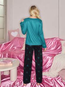 SweetSlumber Valentine's Day Lovely Heart Pattern Women Pajama Set - Green - View 2