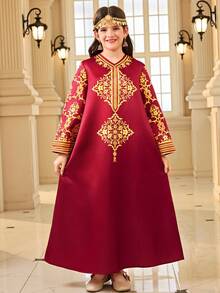 Áo choàng rộng rãi cổ chữ V màu đỏ in họa tiết cung điện vàng dành cho bé gái tuổi teen. - Đỏ - Xem 4