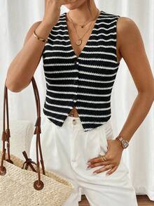 SHEIN Frenchy Women's Casual Striped Front Button Tank Top, Summer,Summer Top - Black and White - View 3